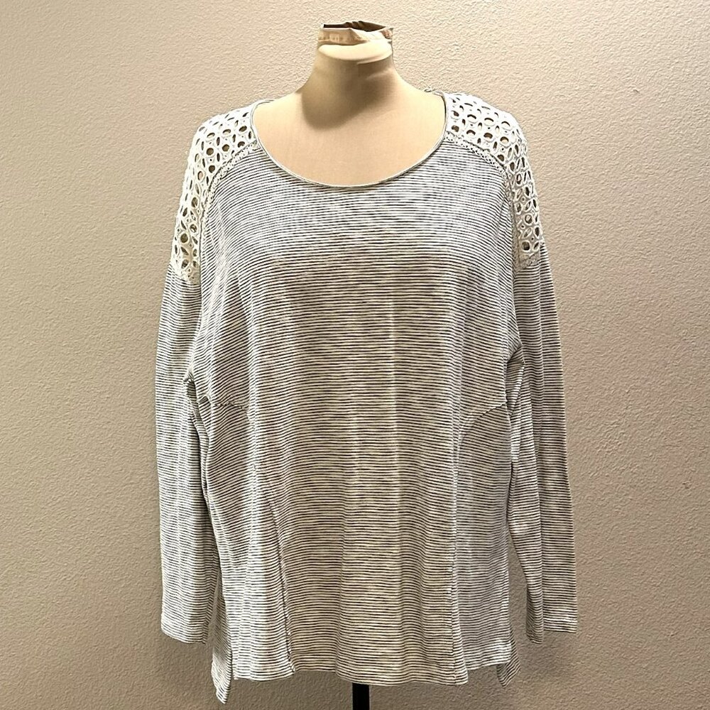 Susina White and Black Striped Top With Eyelet Detail